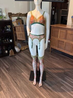 Embellished Green & Coral Lingerie Set with Garters and Stockings